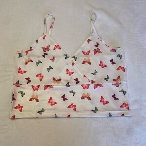 Pink, green and white butterfly crop top